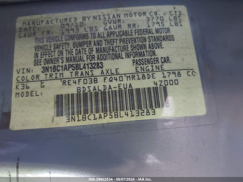 2011 Nissan Versa 1.8S VIN: 3N1BC1AP5BL413283 Lot: 39602534