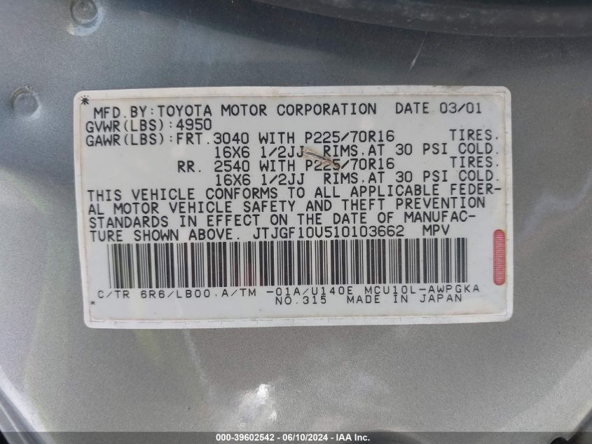 2001 Lexus Rx 300 VIN: JTJGF10U510103662 Lot: 39602542