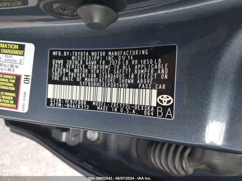 2014 Toyota Corolla S Plus VIN: 5YFBURHEXEP081409 Lot: 39602543