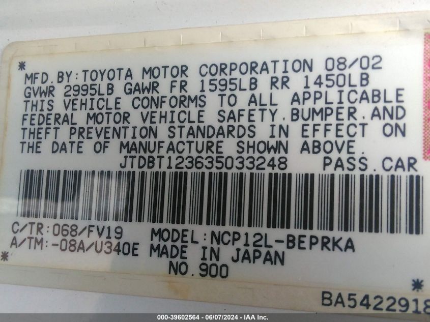 2003 Toyota Echo VIN: JTDBT123635033248 Lot: 39602564