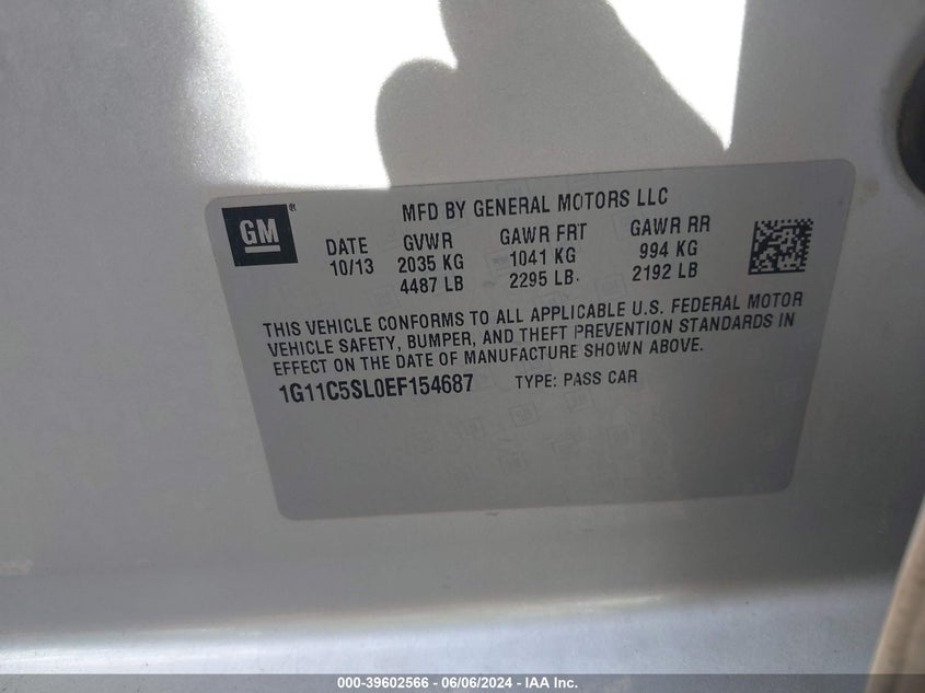 2014 Chevrolet Malibu 1Lt VIN: 1G11C5SL0EF154687 Lot: 39602566