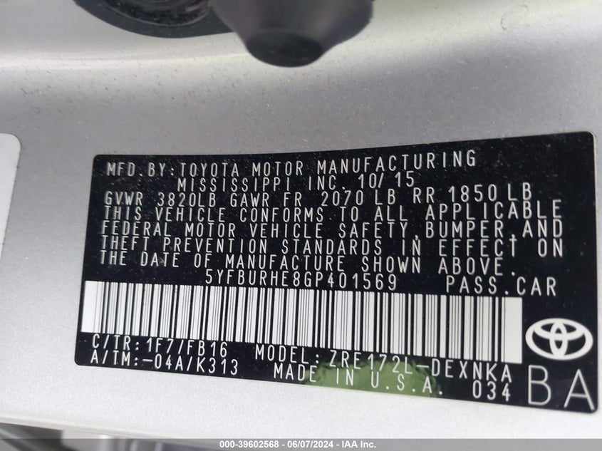 2016 Toyota Corolla Le VIN: 5YFBURHE8GP401569 Lot: 39602568