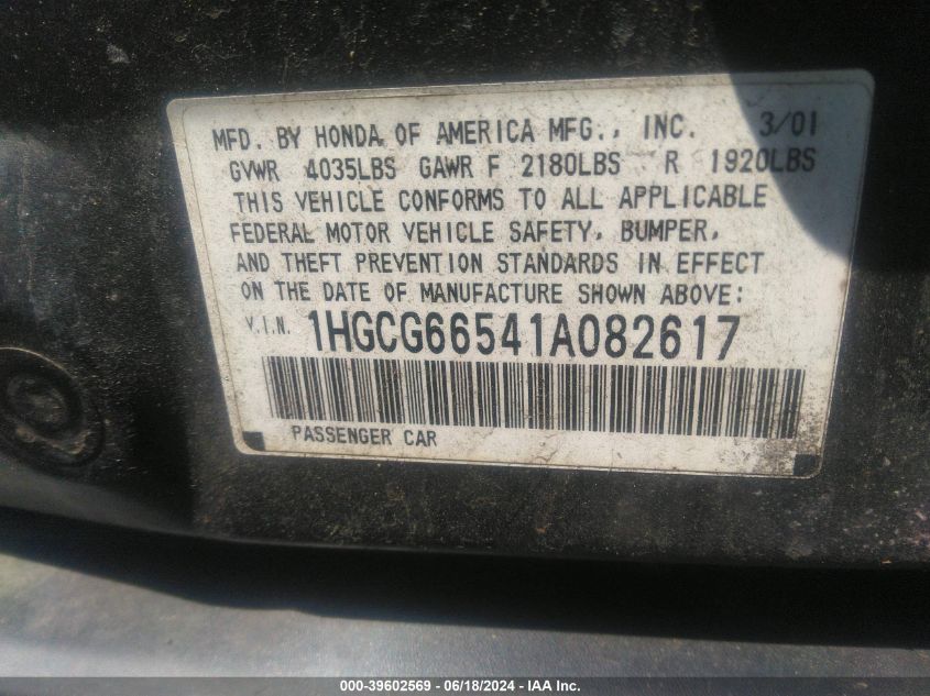 1HGCG66541A082617 2001 Honda Accord 2.3 Lx