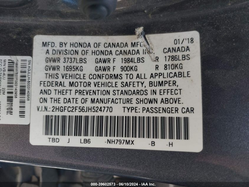 2018 Honda Civic Lx VIN: 2HGFC2F56JH524770 Lot: 39602573