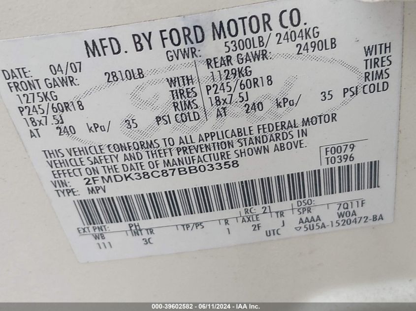 2007 Ford Edge Sel VIN: 2FMDK38C87BB03358 Lot: 39602582