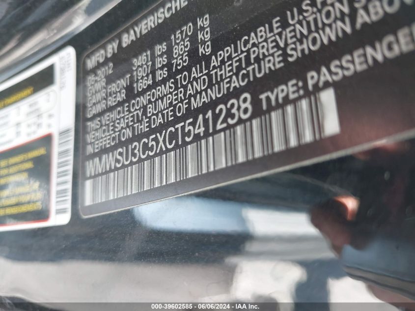 2012 Mini Cooper VIN: WMWSU3C5XCT541238 Lot: 39602585