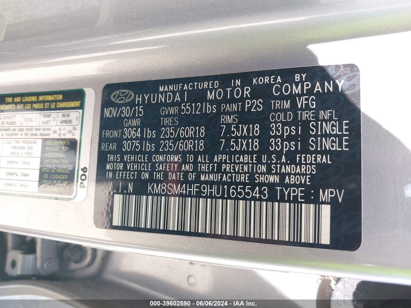 2017 Hyundai Santa Fe Se VIN: KM8SM4HF9HU165543 Lot: 39602590