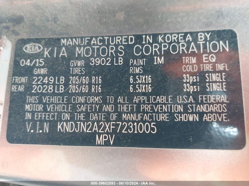 2015 Kia Soul VIN: KNDJN2A2XF7231005 Lot: 39602593