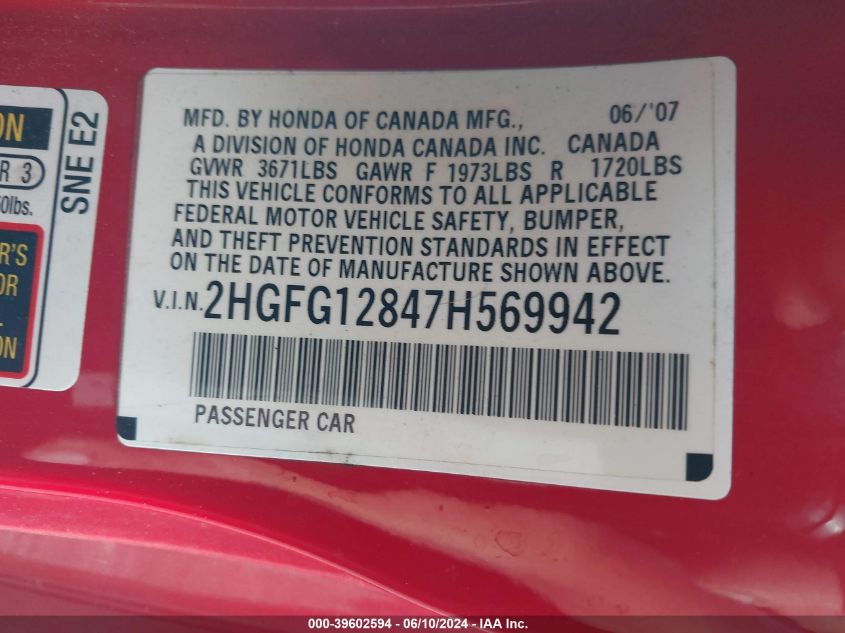 2007 Honda Civic Ex VIN: 2HGFG12847H569942 Lot: 39602594