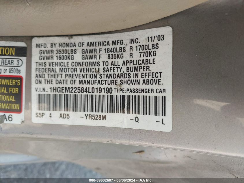 2004 Honda Civic Lx VIN: 1HGEM22584L019190 Lot: 39602607