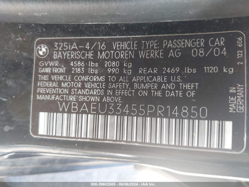 2005 BMW 325Xi VIN: WBAEU33455PR14850 Lot: 39602608