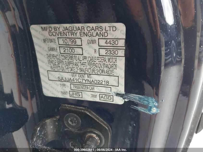 2000 Jaguar Xk8 VIN: SAJJA41C7YNA02218 Lot: 39602611