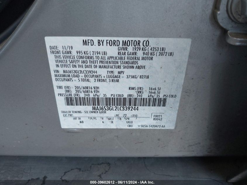 2020 Ford Ecosport Se VIN: MAJ6S3GL2LC339244 Lot: 39602612