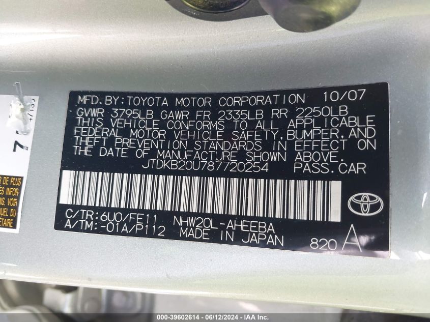 2008 Toyota Prius Standard VIN: JTDKB20U787720254 Lot: 39602614