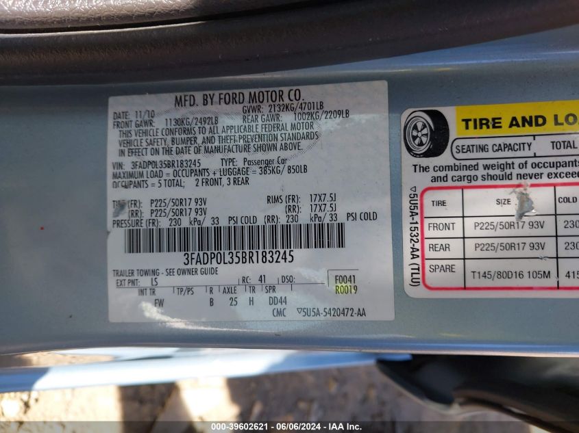 2011 Ford Fusion Hybrid VIN: 3FADP0L35BR183245 Lot: 39602621