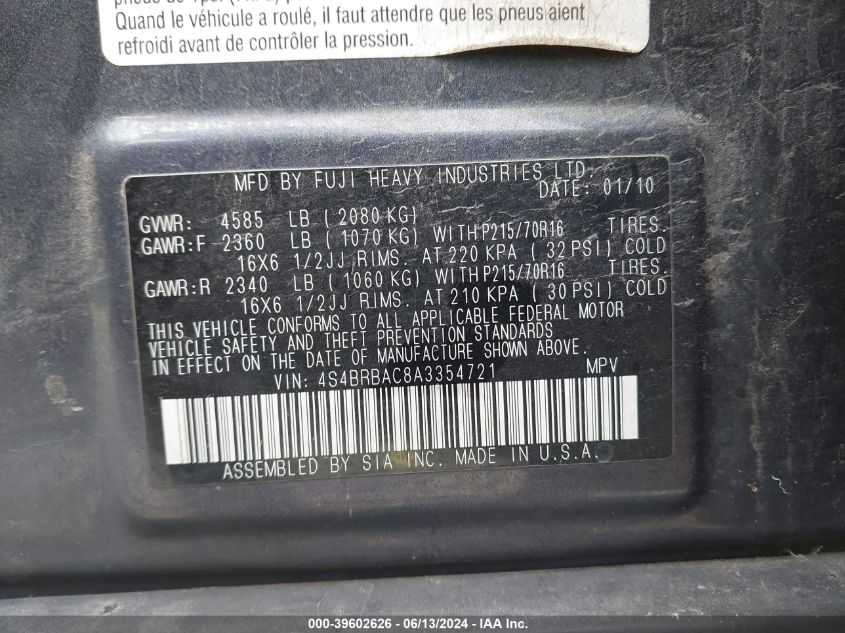 2010 Subaru Outback 2.5I VIN: 4S4BRBAC8A3354721 Lot: 39602626