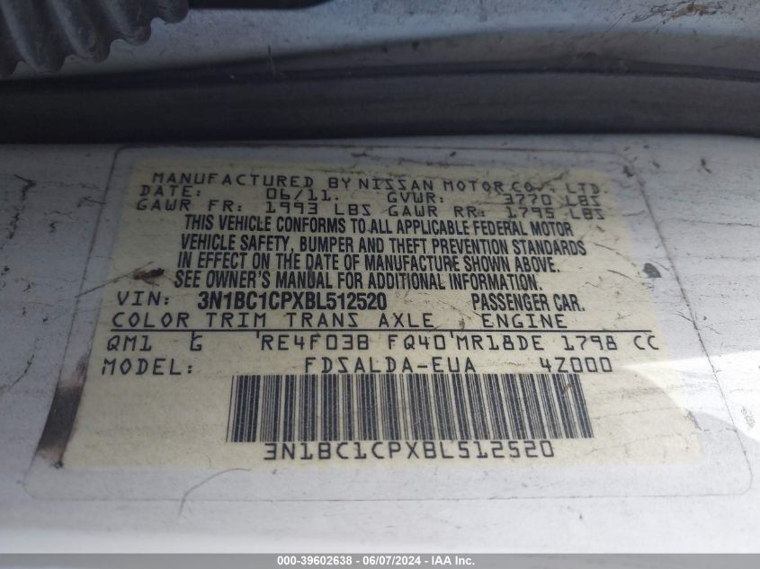 2011 Nissan Versa 1.8S VIN: 3N1BC1CPXBL512520 Lot: 39602638
