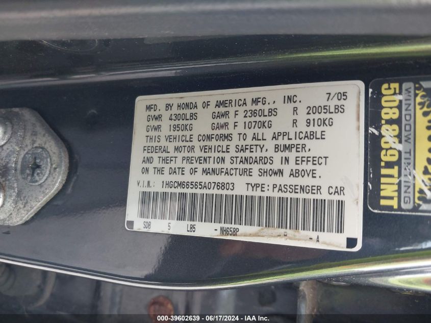 2005 Honda Accord 3.0 Ex VIN: 1HGCM66565A076803 Lot: 39602639