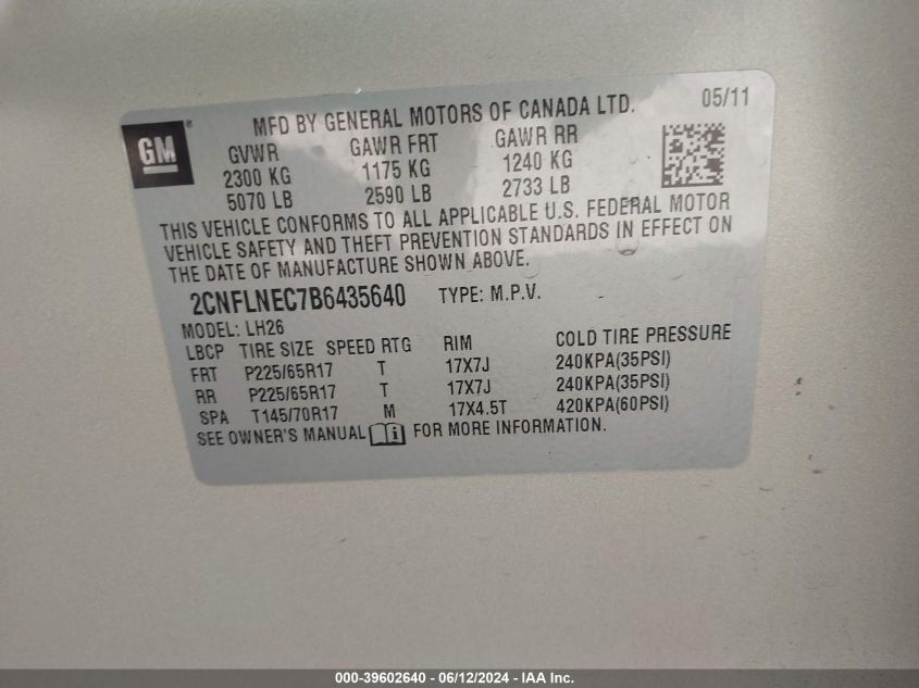 2011 Chevrolet Equinox 2Lt VIN: 2CNFLNEC7B6435640 Lot: 39602640