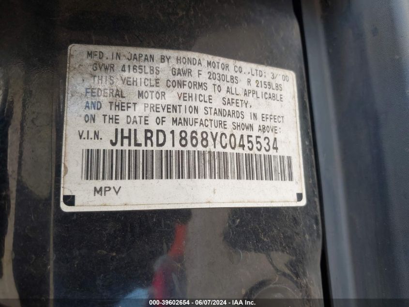 2000 Honda Cr-V Ex VIN: JHLRD1868YC045534 Lot: 39602654