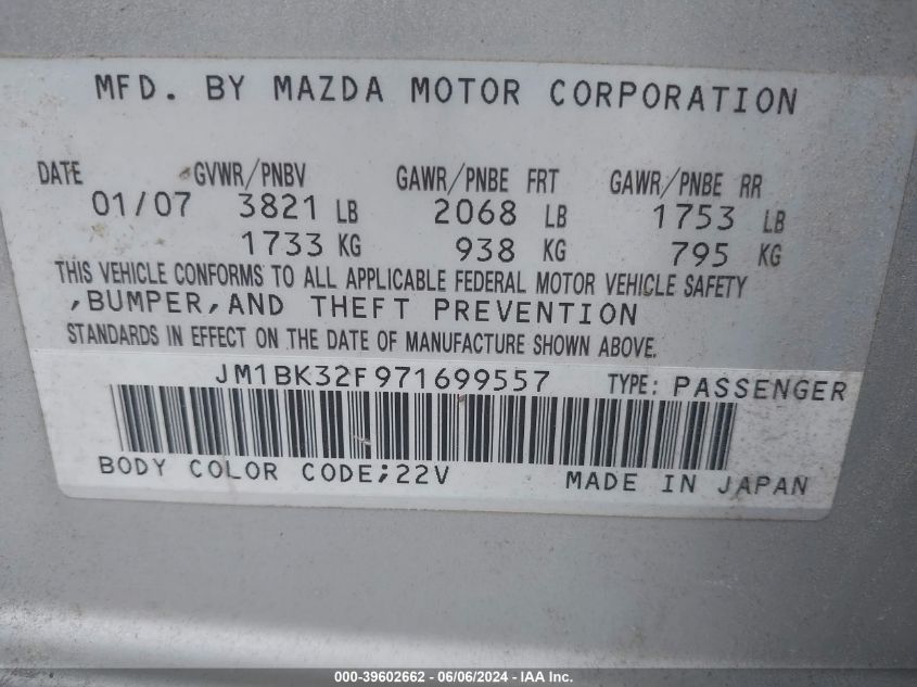 2007 Mazda Mazda3 I VIN: JM1BK32F971699557 Lot: 39602662
