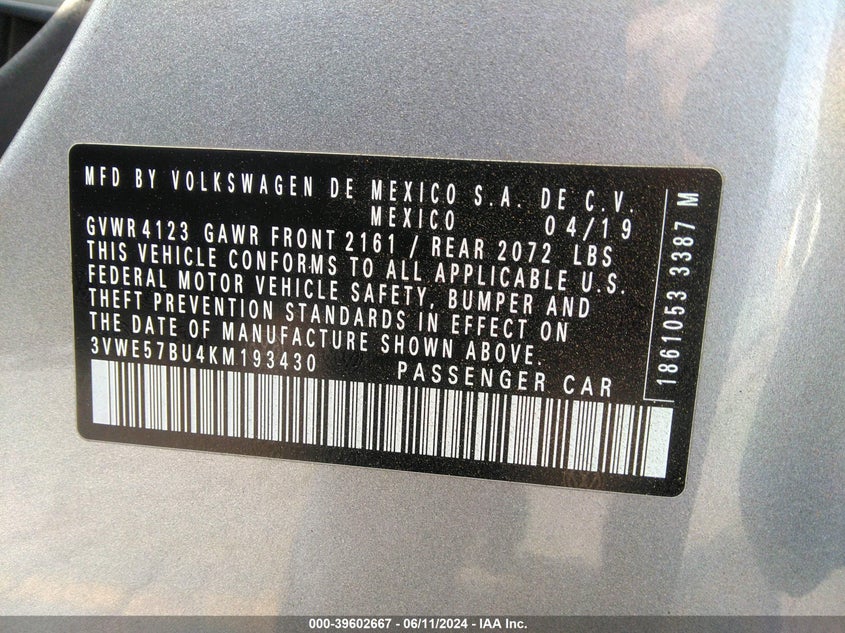 2019 Volkswagen Jetta 1.4T Sel VIN: 3VWE57BU4KM193430 Lot: 39602667