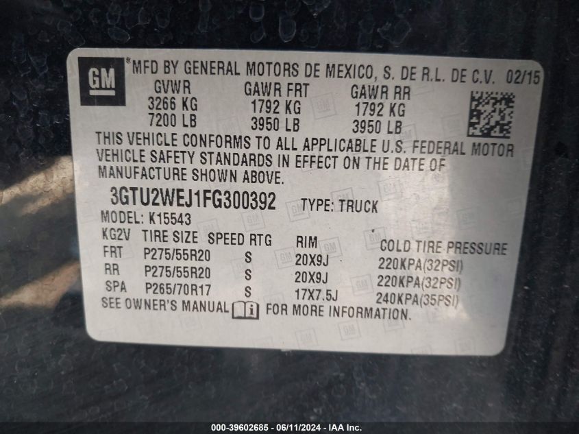 2015 GMC Sierra 1500 Denali VIN: 3GTU2WEJ1FG300392 Lot: 39602685