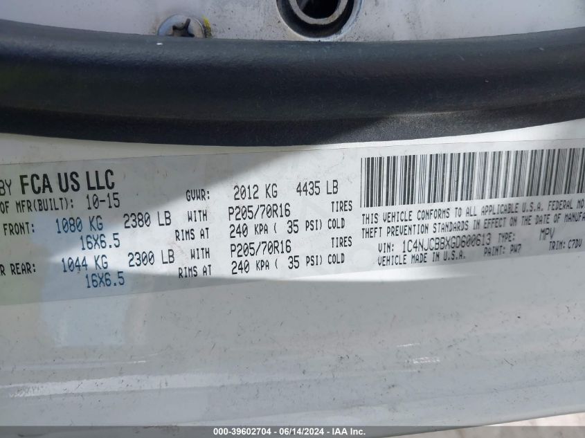 2016 Jeep Compass Sport VIN: 1C4NJCBBXGD600613 Lot: 39602704