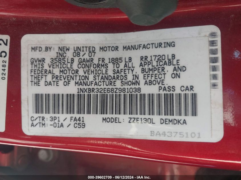 2008 Toyota Corolla Ce VIN: 1NXBR32E68Z981038 Lot: 39602709