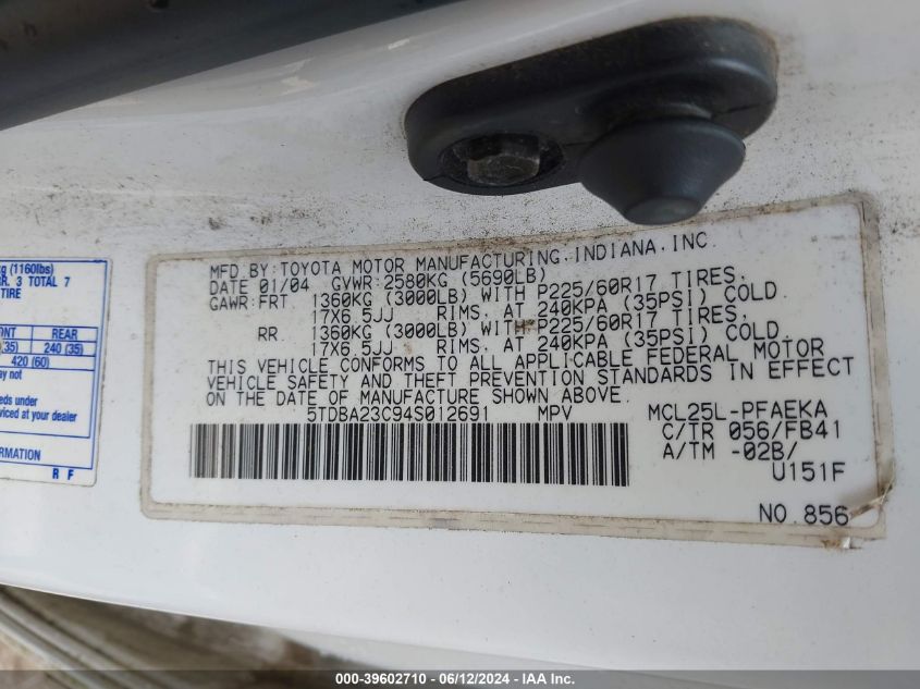 2004 Toyota Sienna Le VIN: 5TDBA23C94S012691 Lot: 39602710