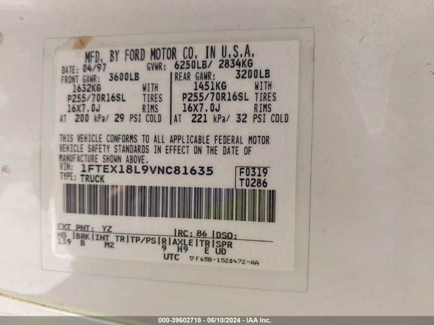 1997 Ford F-150 Lariat/Xl/Xlt VIN: 1FTEX18L9VNC81635 Lot: 39602718