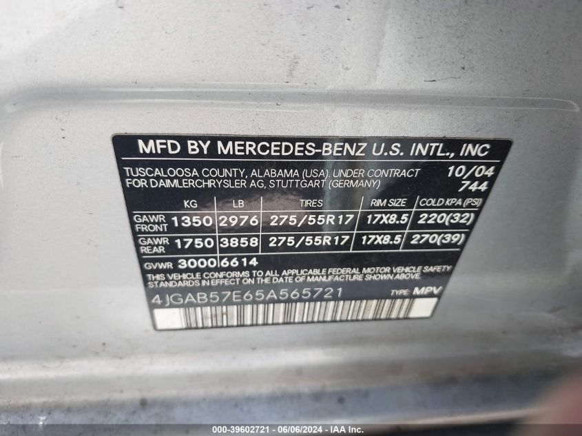 2005 Mercedes-Benz Ml 350 4Matic VIN: 4JGAB57E65A565721 Lot: 39602721