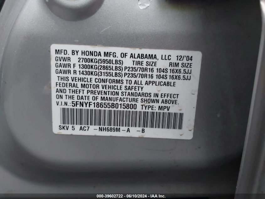 2005 Honda Pilot Ex-L VIN: 5FNYF18655B015800 Lot: 39602722