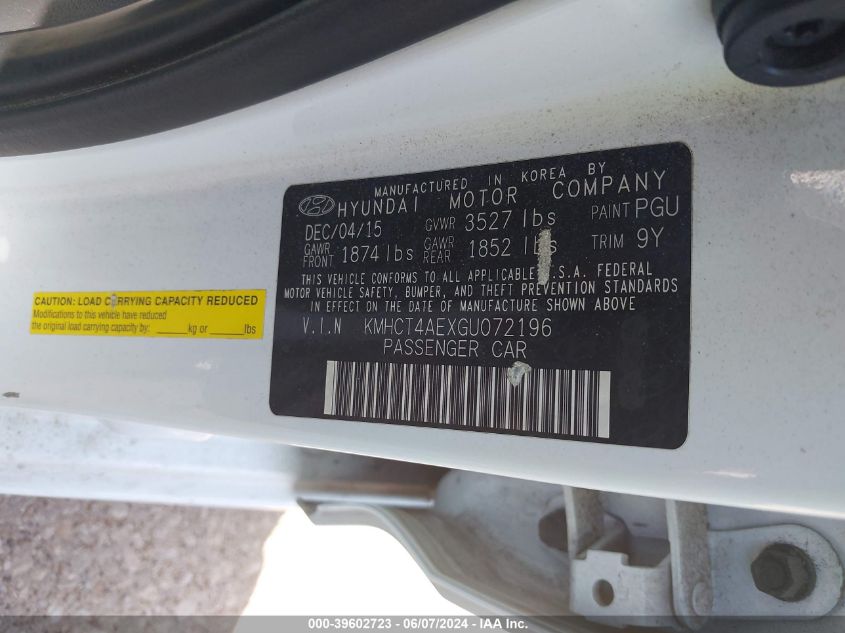 2016 Hyundai Accent Se VIN: KMHCT4AEXGU072196 Lot: 39602723