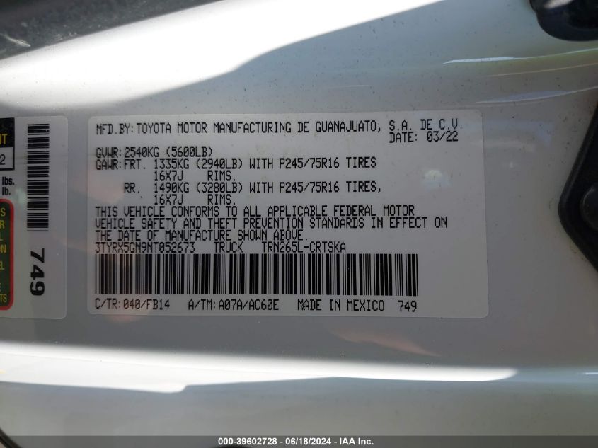 2022 Toyota Tacoma Sr VIN: 3TYRX5GN9NT052673 Lot: 39602728