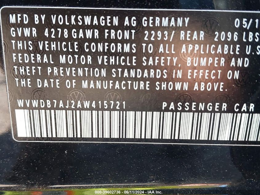 2010 Volkswagen Golf 4-Door VIN: WVWDB7AJ2AW415721 Lot: 39602736