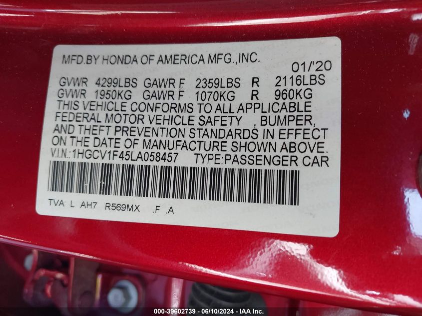 VIN 1HGCV1F45LA058457 2020 HONDA ACCORD EX
