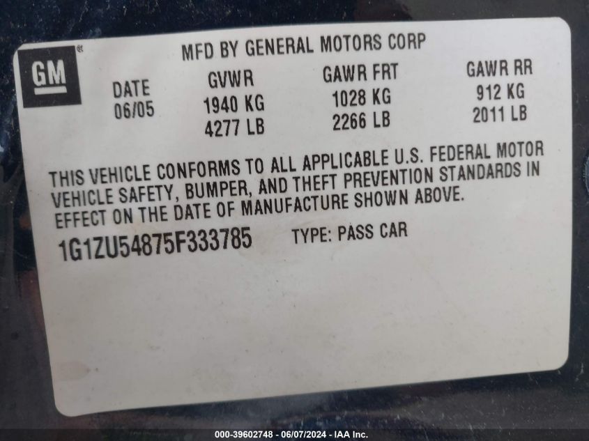 2005 Chevrolet Malibu Lt VIN: 1G1ZU54875F333785 Lot: 39602748