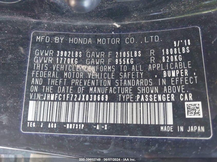 VIN JHMFC1F72JX038669 2018 HONDA CIVIC EX-L