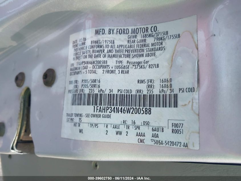 2006 Ford Focus Zx4 VIN: 1FAHP34N46W200588 Lot: 39602750