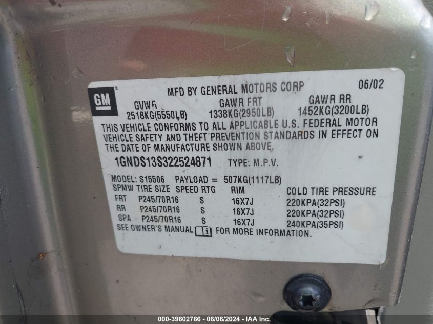 2002 Chevrolet Trailblazer Ls VIN: 1GNDS13S322524871 Lot: 39602766