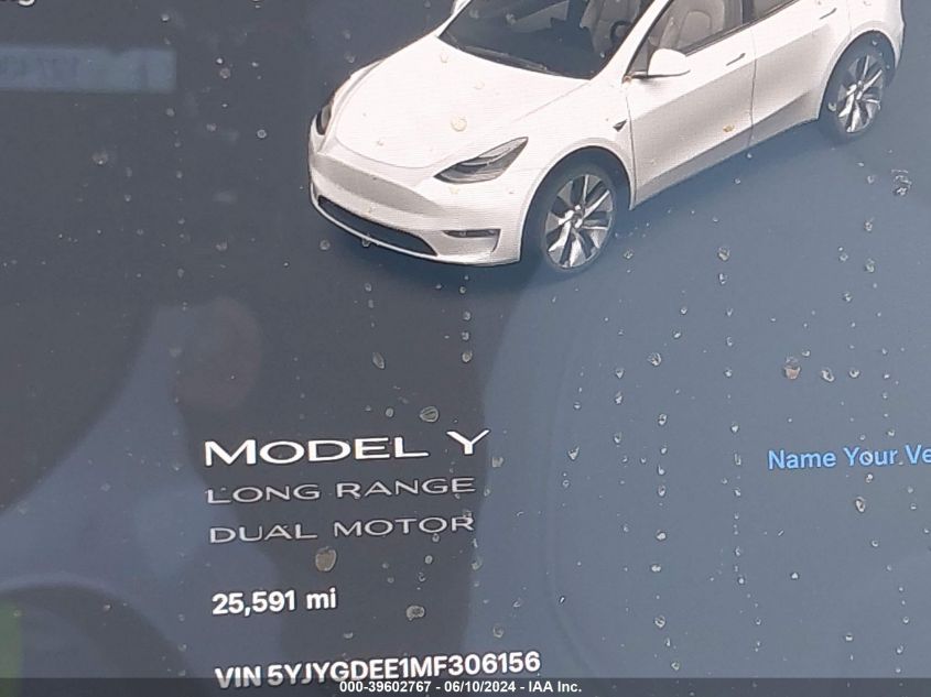 2021 Tesla Model Y Long Range Dual Motor All-Wheel Drive VIN: 5YJYGDEE1MF306156 Lot: 39602767