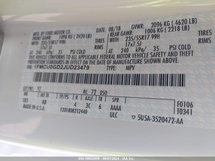 2018 Ford Escape Se VIN: 1FMCU0GD2JUD23479 Lot: 39602855