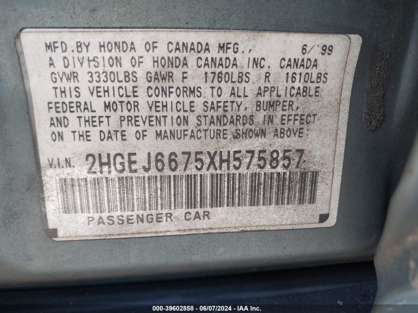 1999 Honda Civic Lx VIN: 2HGEJ6675XH575857 Lot: 39602858