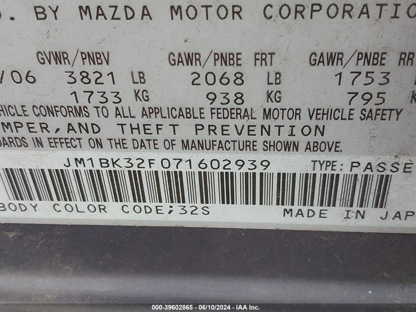 2007 Mazda Mazda3 I VIN: JM1BK32F071602939 Lot: 39602865