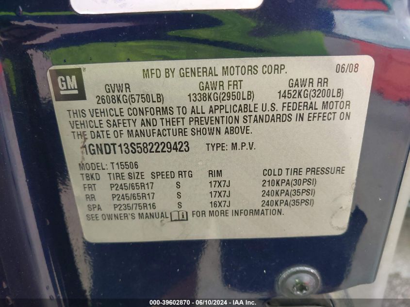 2008 Chevrolet Trailblazer Fleet VIN: 1GNDT13S582229423 Lot: 39602870