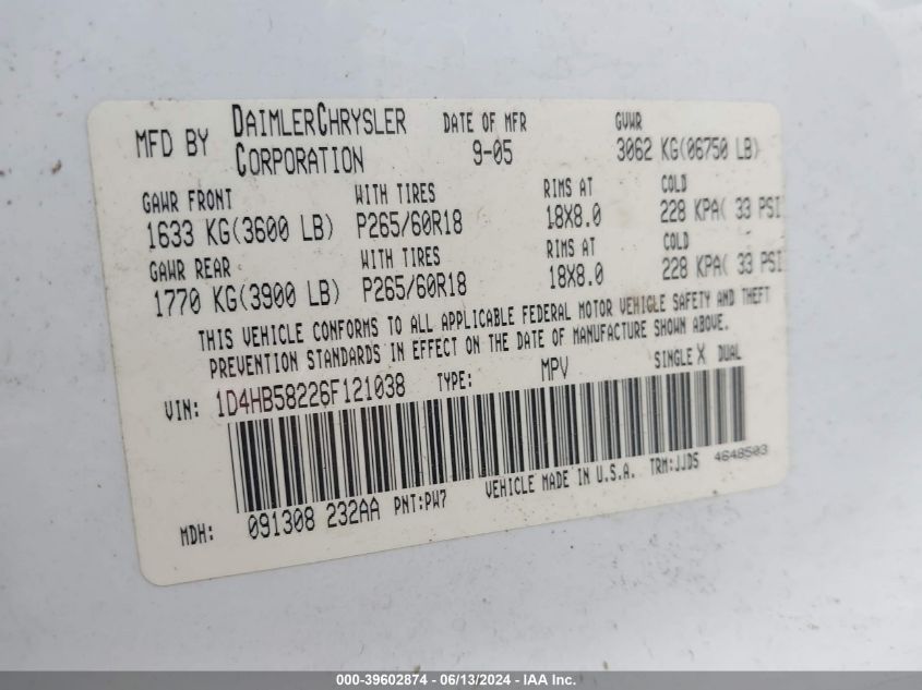2006 Dodge Durango Limited VIN: 1D4HB58226F121038 Lot: 39602874