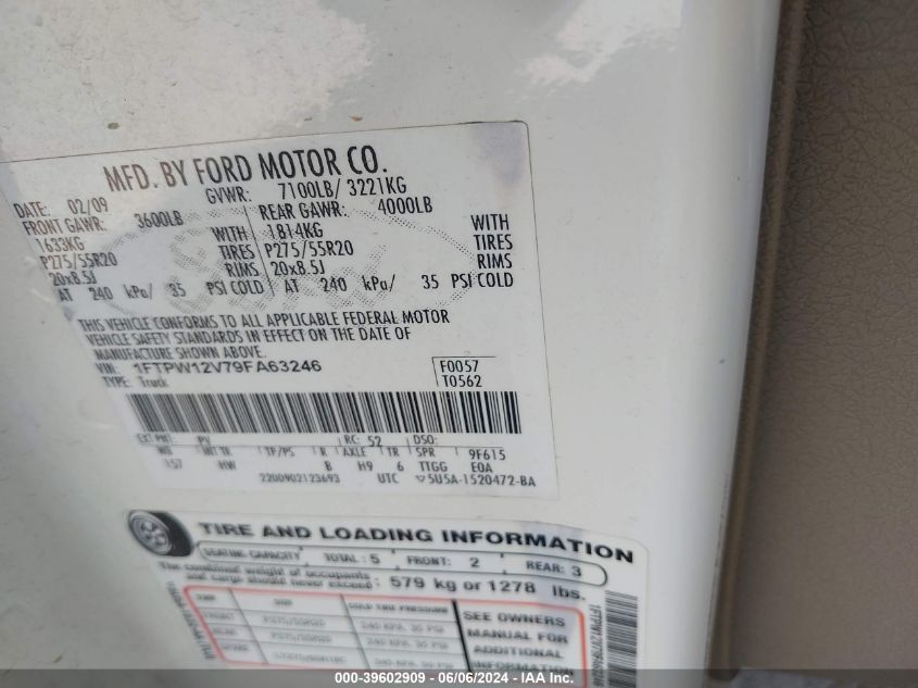 2009 Ford F-150 Lariat VIN: 1FTPW12V79FA63246 Lot: 39602909