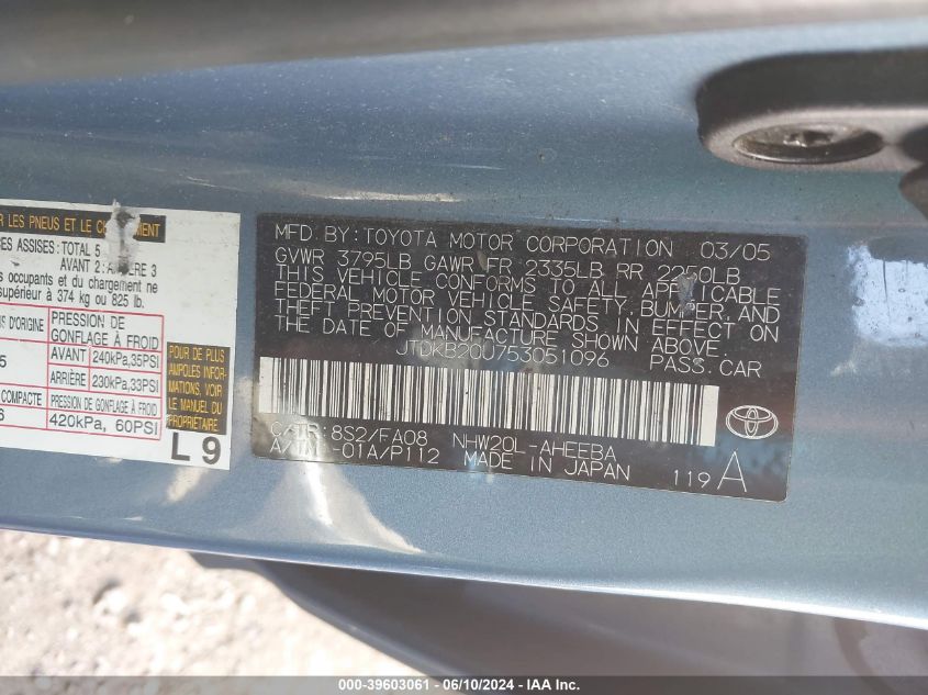 2005 Toyota Prius VIN: JTDKB20U753051096 Lot: 39603061