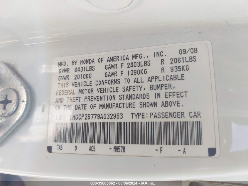 2009 Honda Accord 2.4 Ex VIN: 1HGCP26779A032963 Lot: 39603062